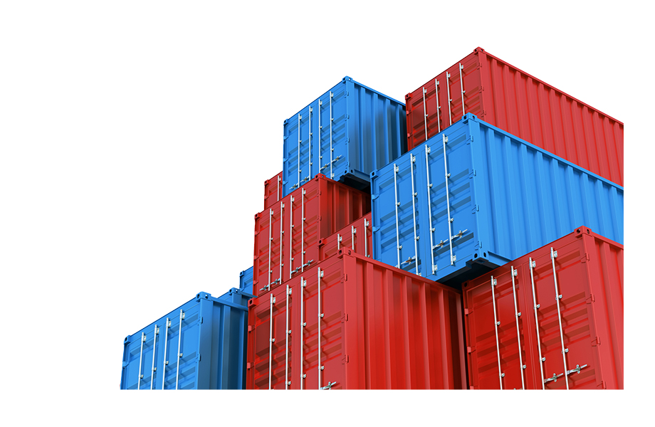 Red and blue shipping container under blue sky stacks stock photo
